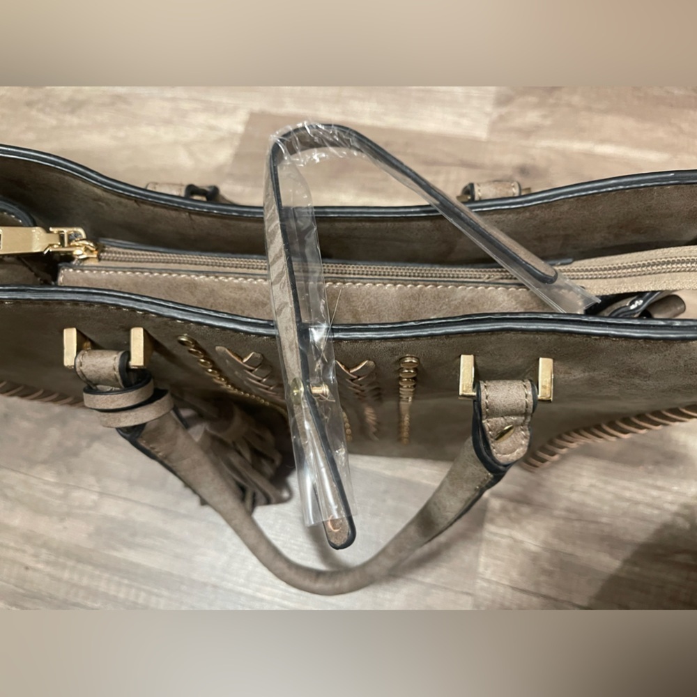 Westerncore nude tan satchel bag embellished fringe cowboy faux leather large - Picture 6 of 11